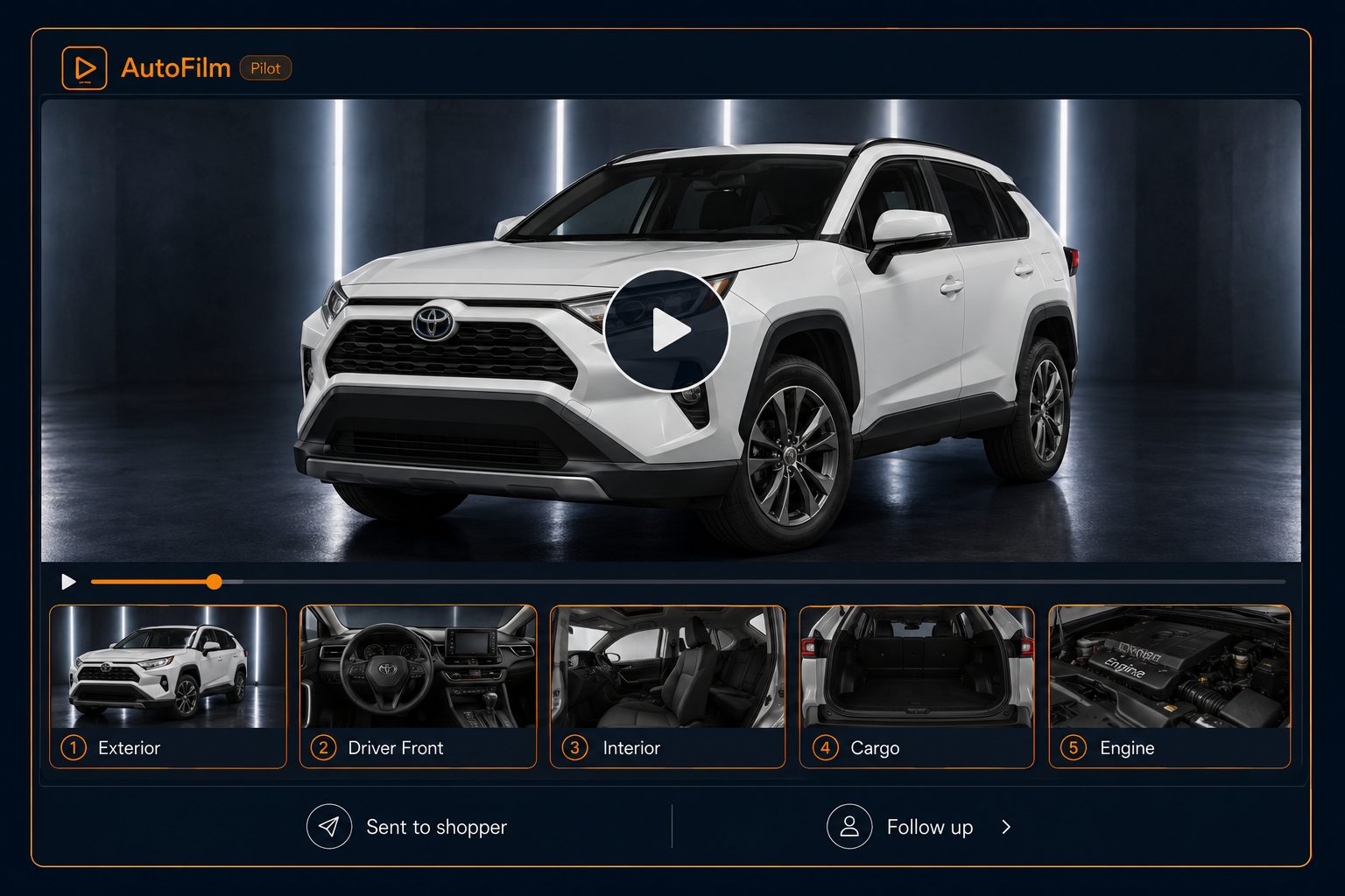 AutoFilm video interface showing a 2021 Toyota RAV4, vehicle-specific video chapters, and customer follow-up status.
