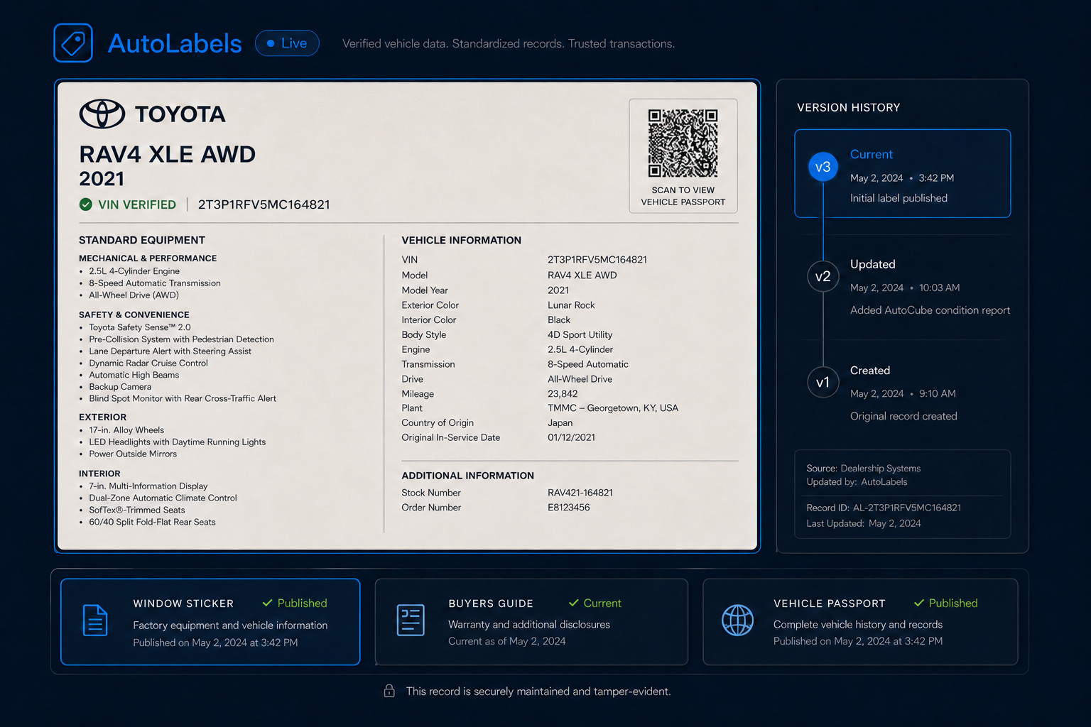 AutoLabels interface showing a verified vehicle document, version history, and current publication status.