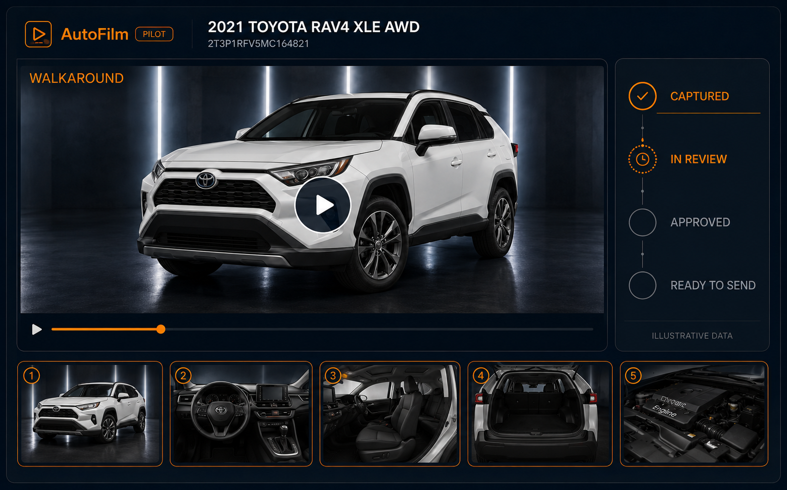 AutoFilm sales walkaround interface for a Toyota RAV4 with video chapters and release status.