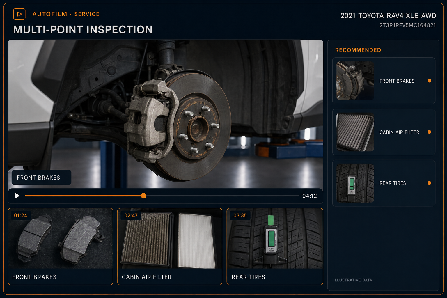 AutoFilm service inspection interface showing brake, filter, and tire findings.